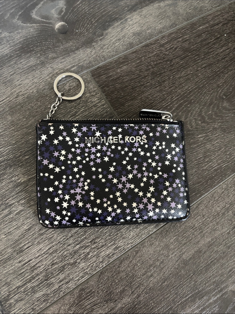 Michael Kors Black Star-Print Zip Card Case with Key Ring